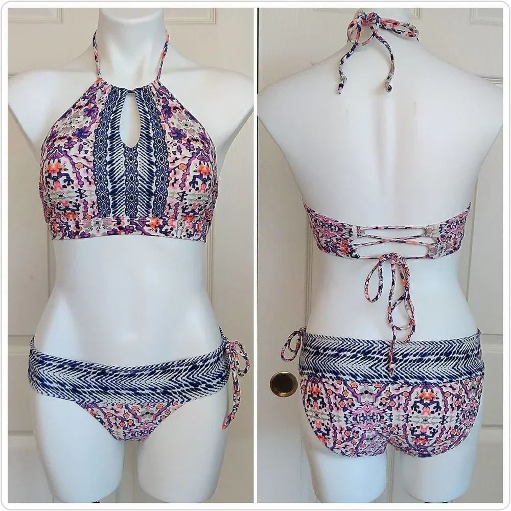 Athleta floral high top halter bikini set sz XS/S